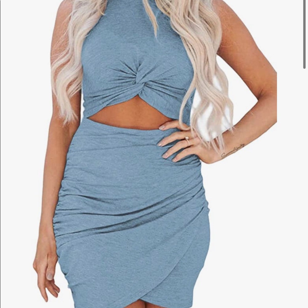Sky. Blue Mini Wrap Dress with Cutout